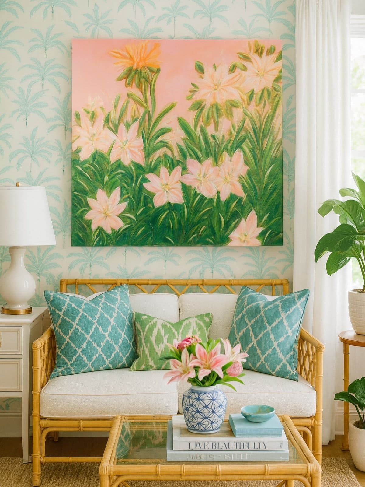 A large floral canvas by Bonnie Sorsby with pale lilies on a pink and green field, hung above a rattan loveseat with aqua pillows