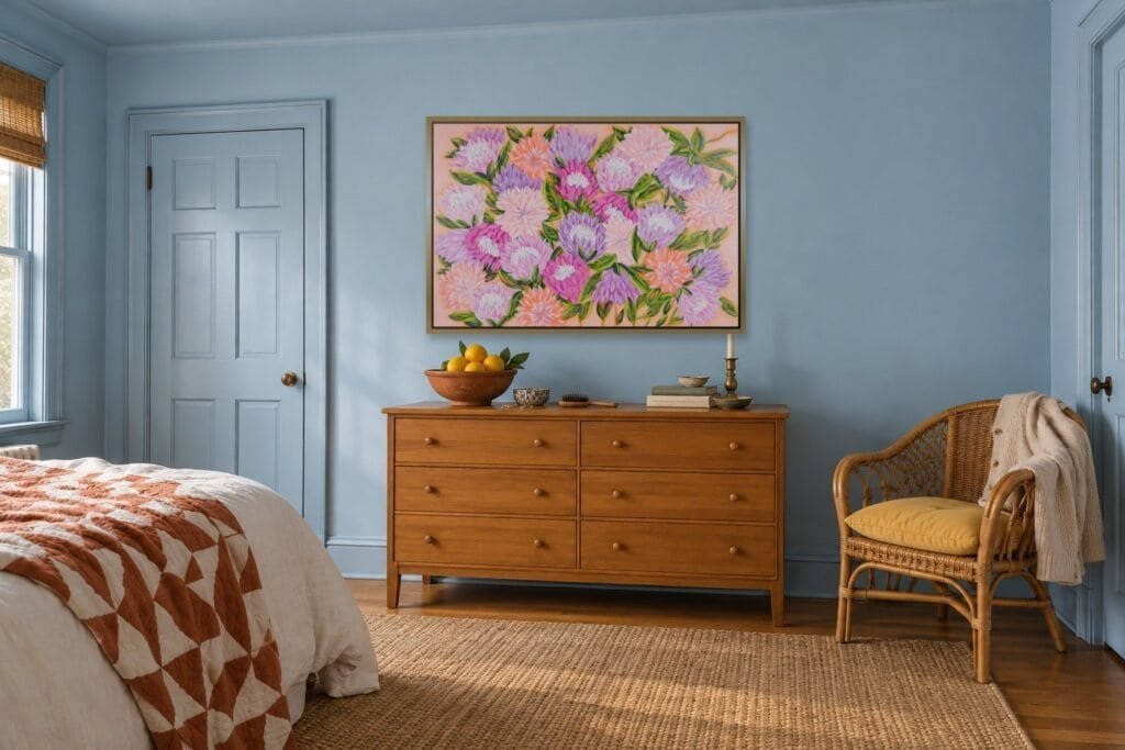 Powder blue color-drenched bedroom with a honey wood dresser, a rattan chair and a terracotta quilt, with Bonnie Sorsby’s large floral painting Unexpected Blessings in a gold floater frame above the dresser