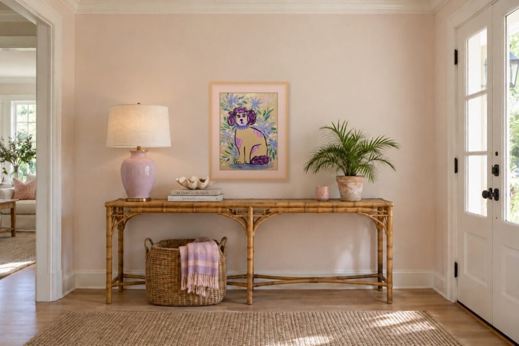 Committed to the Look by Bonnie Sorsby, a Staffordshire-style dog painting, shown framed in maple with a blush mat above a bamboo console in a pink entry