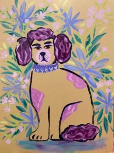 Committed to the Look by Bonnie Sorsby, a painting of a Staffordshire-style dog with a fancy plum cut, a periwinkle collar painted with tulips and a serious expression, surrounded by periwinkle flowers and teal leaves on toned paper
