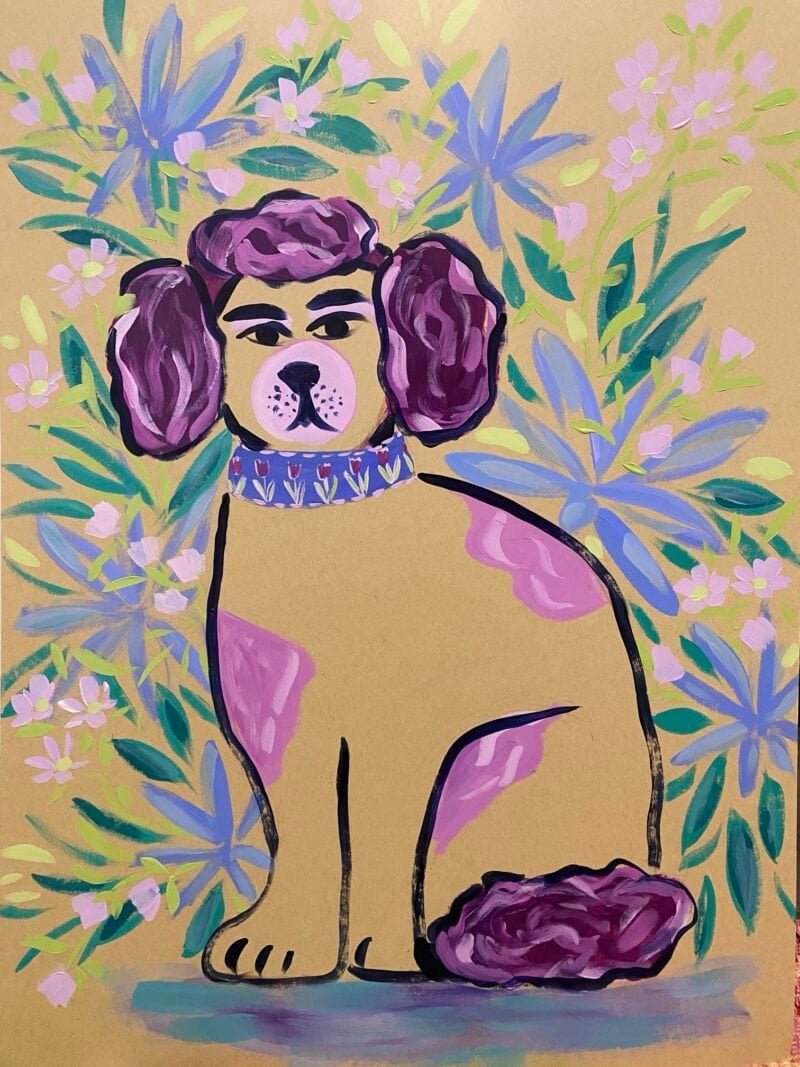 Committed to the Look, an original painting by Bonnie Sorsby of a Staffordshire-style dog with a fancy plum cut, a periwinkle tulip collar and a serious face, among periwinkle flowers and teal leaves on toned paper