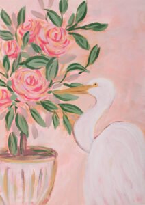 Stop and Smell the Roses by Bonnie Sorsby, a painting of a white egret beside a pink rose topiary in an urn on a soft pink background