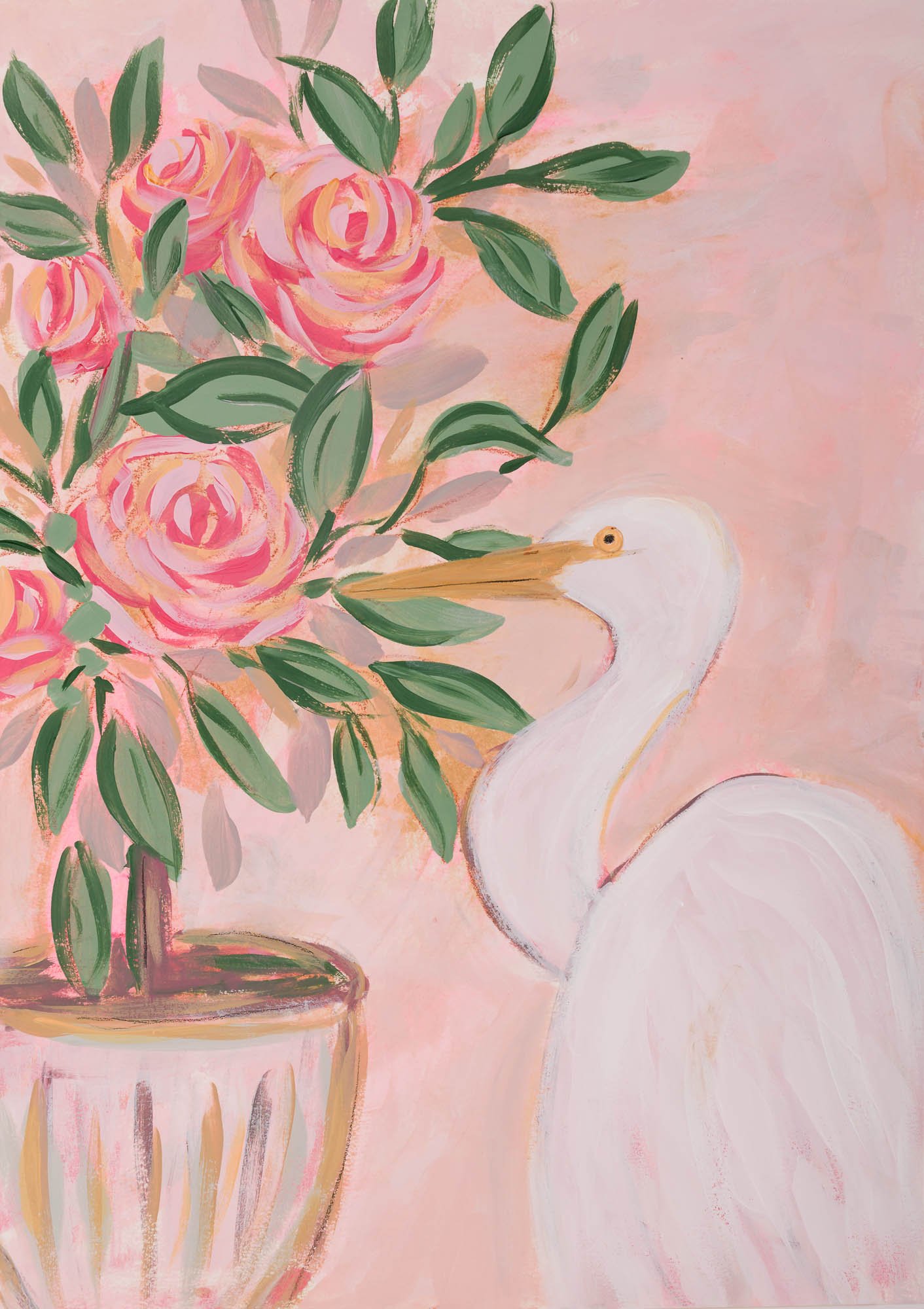 Painting of a white egret beside a pink rose topiary in a fluted urn on a blush background, acrylic and pastel on paper by Bonnie Sorsby