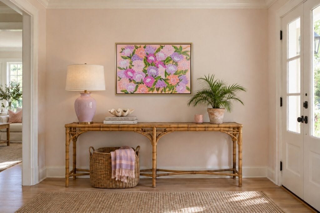 Entryway art: Bonnie Sorsby's Unexpected Blessings, a 24x36 pink and lilac floral canvas in a gold floater frame, centered over a long bamboo console with a lilac lamp and a potted palm