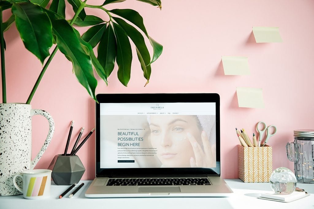 Faccia Bella website for a Cypress, TX esthetician, shown on a laptop