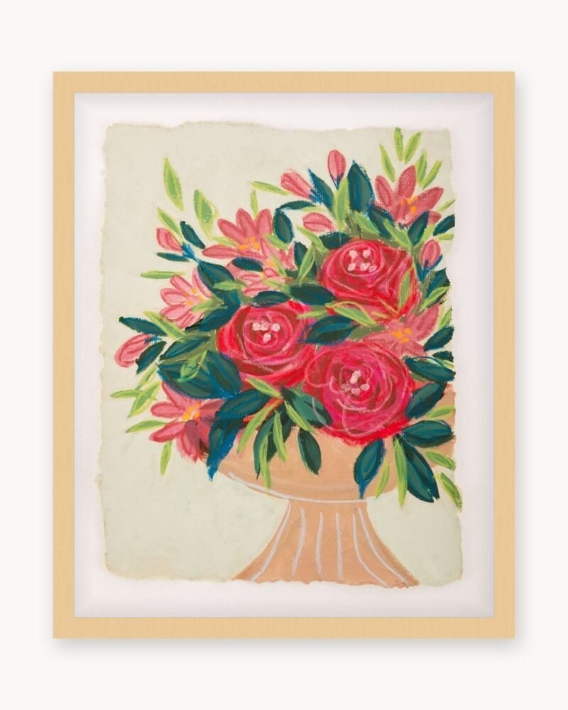 Gathered Together by Bonnie Sorsby, a bouquet of red roses and pink blooms in a terracotta urn on sage deckled-edge paper, shown in a maple frame as a preview with its deckled edges visible