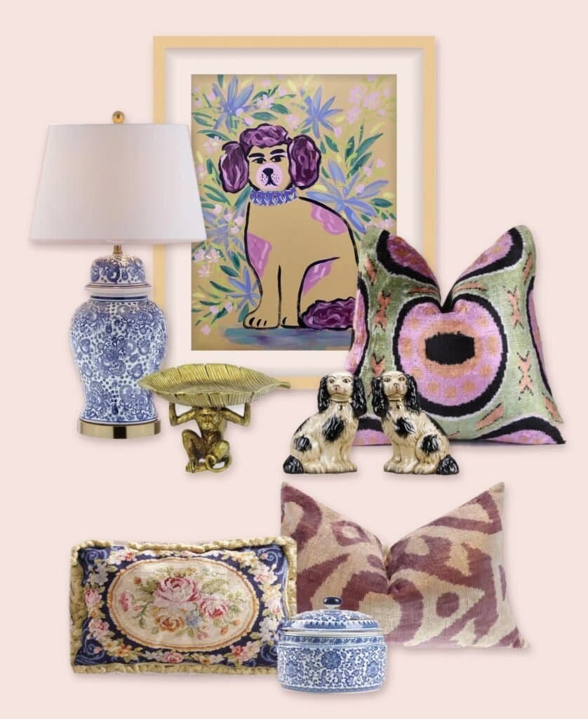 Grandmillennial mood board with Bonnie Sorsby painting Committed to the Look in a maple frame, a blue and white ginger jar lamp, a gold monkey tray, King Charles spaniel figurines, needlepoint and velvet ikat pillows and a blue and white lidded jar on blush