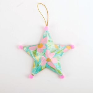 Hand painted paper mache star Christmas ornament with pom poms by Bonnie Sorsby, Star Ornament No. 1, Pink Pom Poms