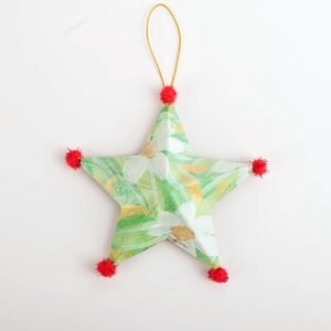 Hand painted paper mache star Christmas ornament with pom poms by Bonnie Sorsby, Star Ornament No. 10, Red Pom Poms