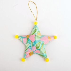 Hand painted paper mache star Christmas ornament with pom poms by Bonnie Sorsby, Star Ornament No. 2, Yellow Pom Poms