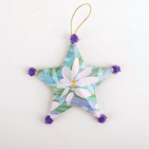 Hand painted paper mache star Christmas ornament with pom poms by Bonnie Sorsby, Star Ornament No. 3, Purple Pom Poms