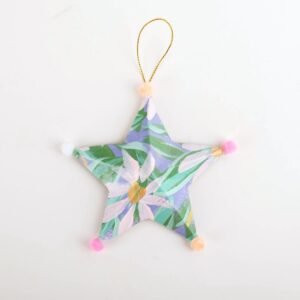 Hand painted paper mache star Christmas ornament with pom poms by Bonnie Sorsby, Star Ornament No. 4, Pastel Pom Poms