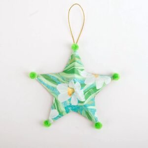 Hand painted paper mache star Christmas ornament with pom poms by Bonnie Sorsby, Star Ornament No. 5, Green Pom Poms