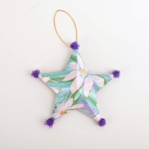 Hand painted paper mache star Christmas ornament with pom poms by Bonnie Sorsby, Star Ornament No. 6, Violet Pom Poms