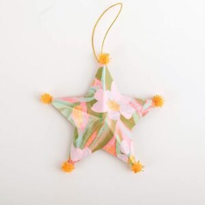 Hand painted paper mache star Christmas ornament with pom poms by Bonnie Sorsby, Star Ornament No. 7, Orange Pom Poms