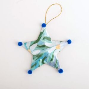 Hand painted paper mache star Christmas ornament with pom poms by Bonnie Sorsby, Star Ornament No. 8, Blue Pom Poms