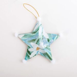 Hand painted paper mache star Christmas ornament with pom poms by Bonnie Sorsby, Star Ornament No. 9, White Pom Poms