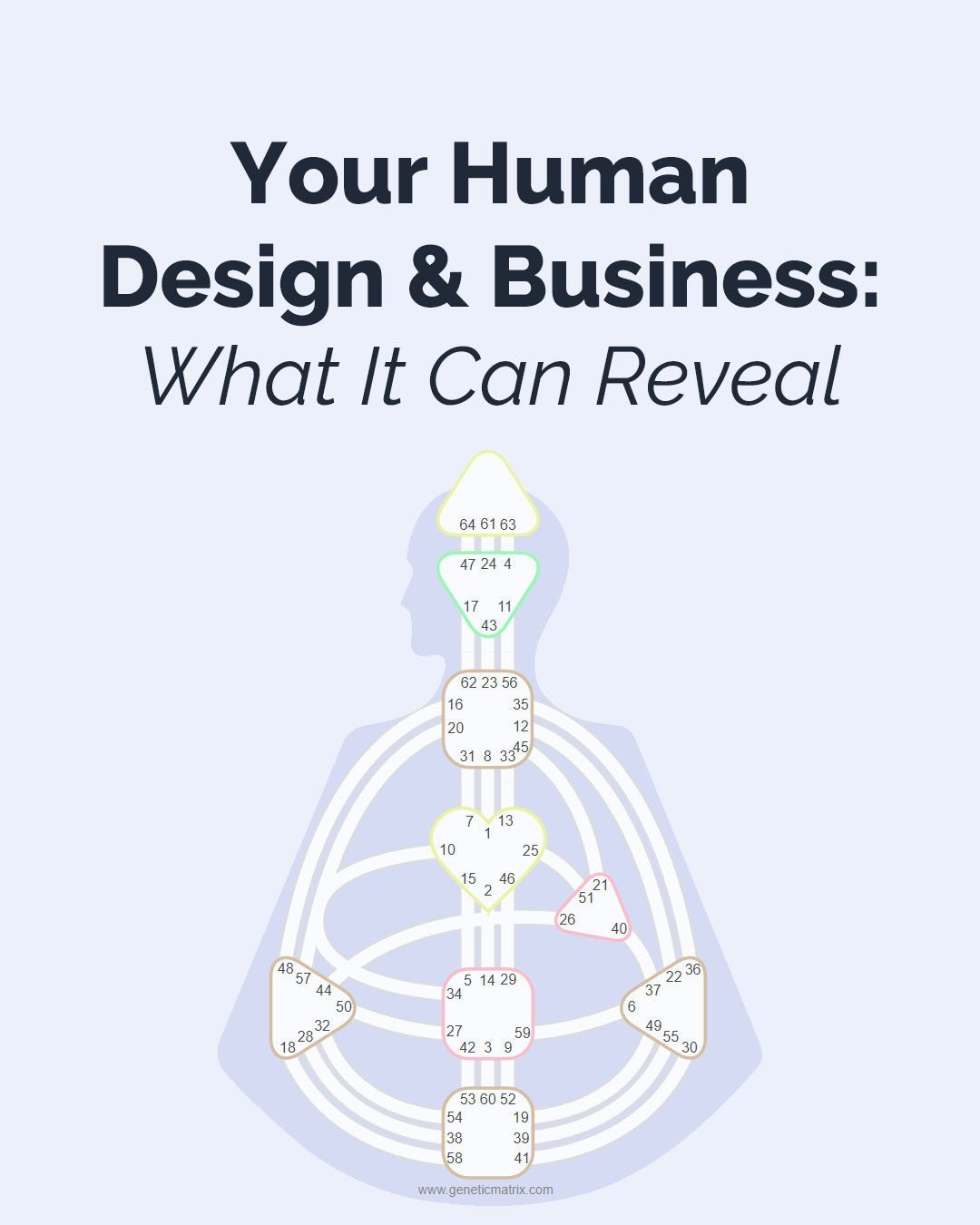 Human Design chart for business use, showing centers, gates, and channels. This system reveals how you’re designed to make aligned decisions, communicate, attract clients, and build a business that honors your natural energy.