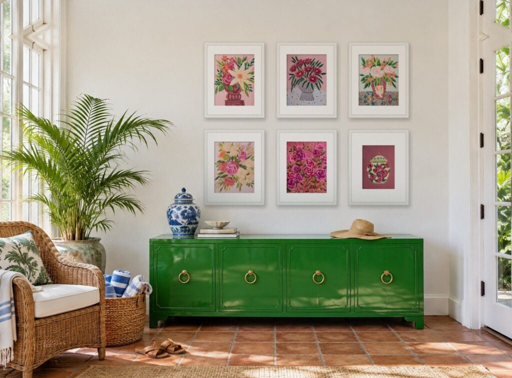 A grid gallery wall of 6 pink floral originals by Bonnie Sorsby in white frames above a Kelly green lacquered credenza