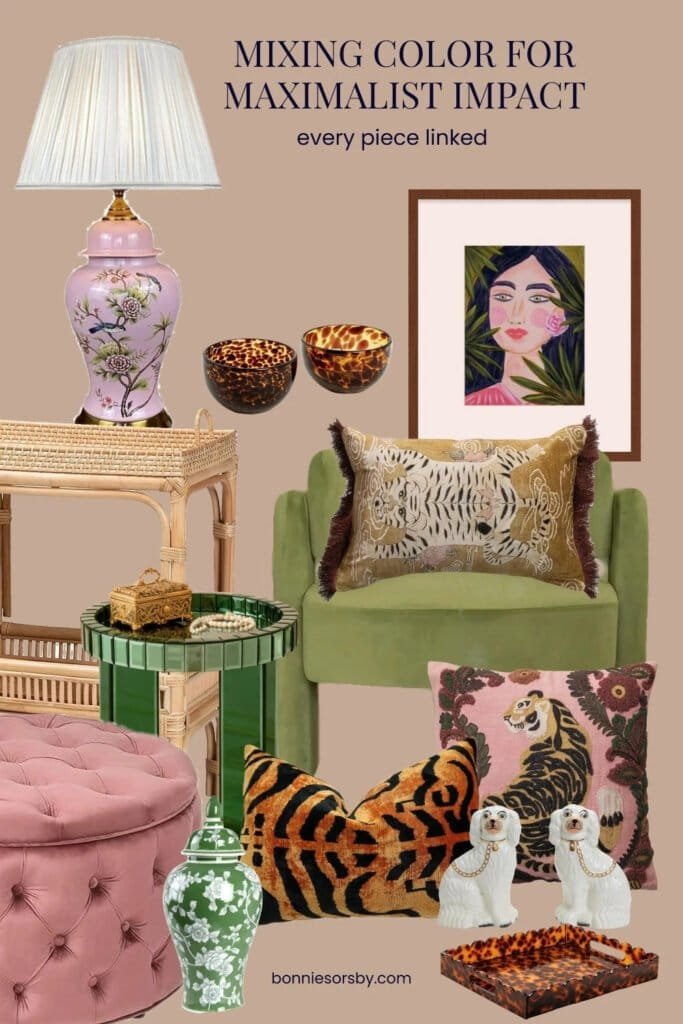 A maximalist corner styled around Bonnie Sorsby’s painting She Just Knew, mixing a pink chinoiserie lamp, green velvet chair, tiger print pillows, a pink tufted ottoman and tortoiseshell accessories on a warm mocha wall