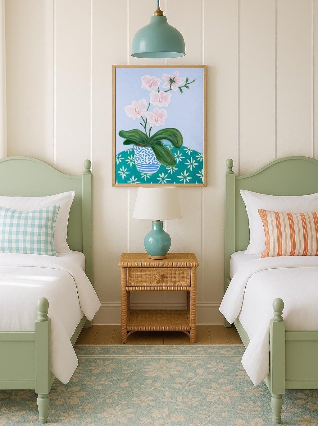 An orchid painting in a blue and white pot by Bonnie Sorsby, framed in gold and hung over a wicker nightstand between 2 sage green twin beds