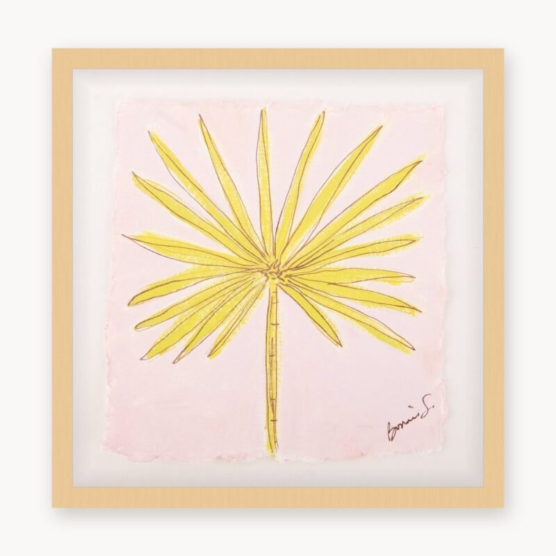 Palm Study 1 by Bonnie Sorsby, a yellow palm frond on pale pink deckled-edge paper, shown in a maple frame as a preview with its deckled edges visible