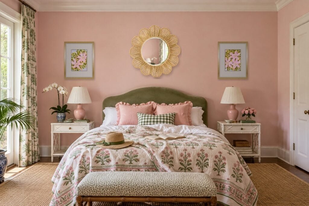 Pink and green bedroom with blush walls, a sage velvet headboard, pink lamps and a pink and green block print quilt, with Bonnie Sorsby’s paintings Living Like the Lilies 1 and 2 in gold frames above the lamps and a scalloped rattan mirror over the bed