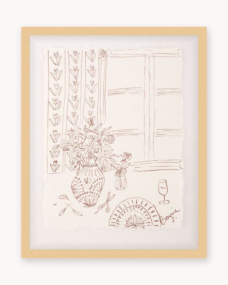 Still Life, Mostly by Bonnie Sorsby, a brown ink still life of flowers in a patterned vase by a window on cream deckled-edge paper, shown in a maple frame as a preview with its deckled edges visible