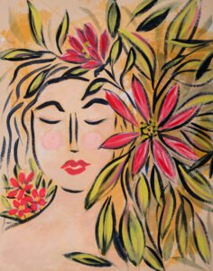 Tuned In by Bonnie Sorsby, a painting of a woman with her head tilted and a large coral red flower at her ear among green leaves