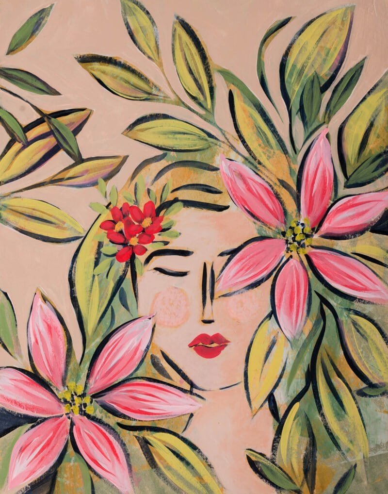 Tuned Out, an original painting by Bonnie Sorsby of a woman with closed eyes tucked between two big pink flowers and leaves on a soft taupe ground