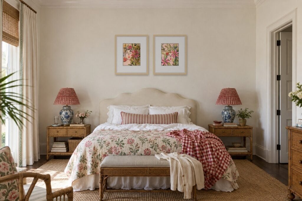 Palm Beach bedroom with a cream scalloped headboard, red pleated lampshades on blue and white ginger jar lamps, a red ticking pillow and a red gingham throw, with Bonnie Sorsby’s paintings Tuned In and Tuned Out above the bed